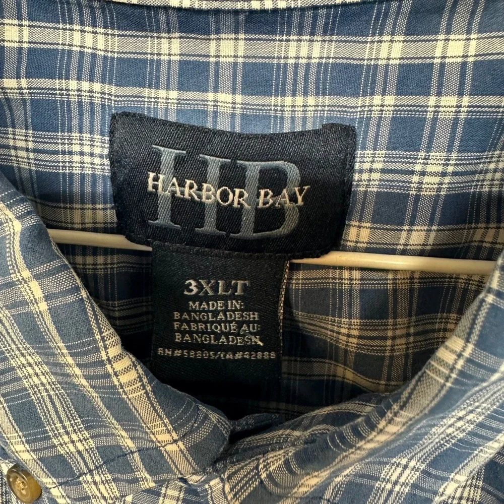 Harbor Bay Button Down Shirt Mens 3XLT Blue Plaid Excellent Short Sleeve Tall